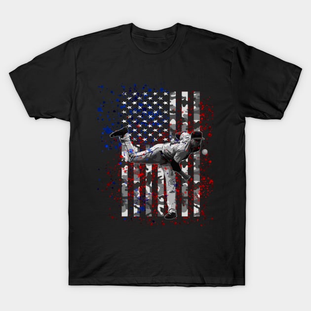 Vintage Retro American Flag Red White Camo Baseball Pitcher Art T-Shirt by TeeCreations